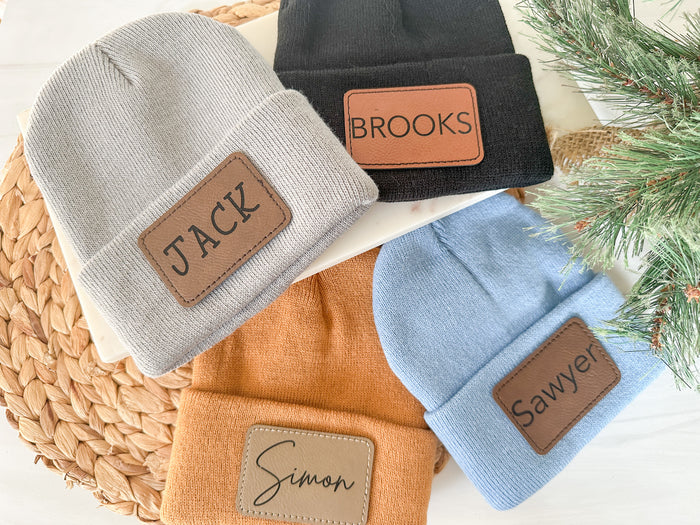 YOUTH Boys Personalized Engraved Leather Patch Beanie