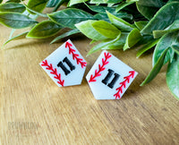 Baseball Stud Earrings, Custom Engraved Baseball Stud Earrings, Home Plate Stud Earrings