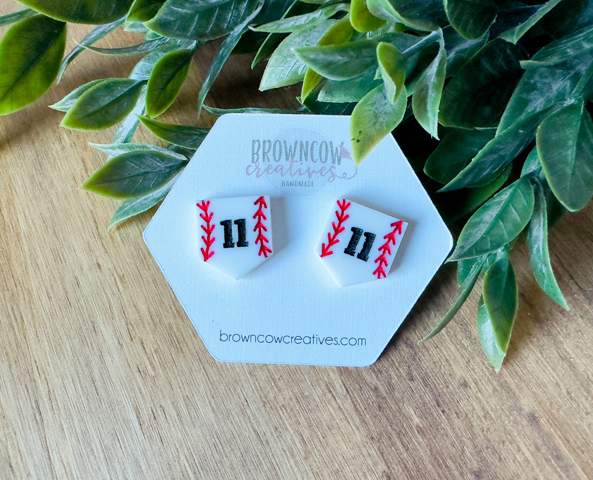 Baseball Stud Earrings, Custom Engraved Baseball Stud Earrings, Home Plate Stud Earrings