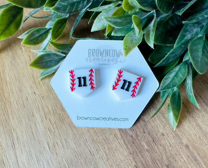 Baseball Stud Earrings, Custom Engraved Baseball Stud Earrings, Home Plate Stud Earrings