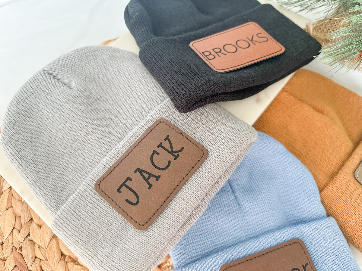 YOUTH Boys Personalized Engraved Leather Patch Beanie