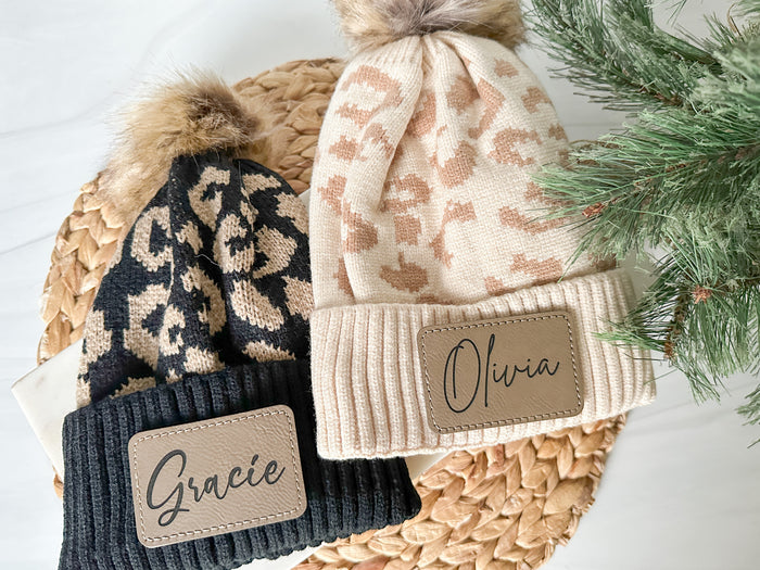 Personalized Women's Leopard Print Beanie, Winter Hat