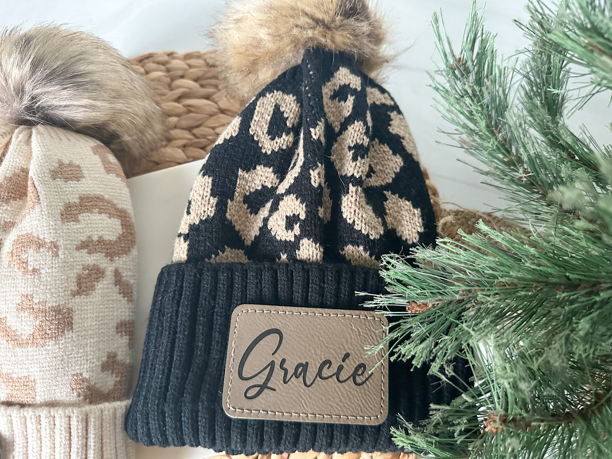 Personalized Women's Leopard Print Beanie, Winter Hat