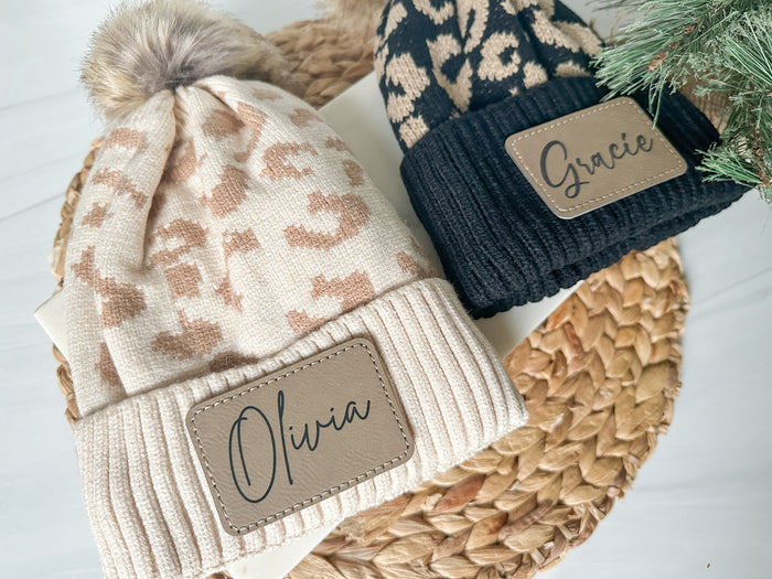 Personalized Women's Leopard Print Beanie, Winter Hat