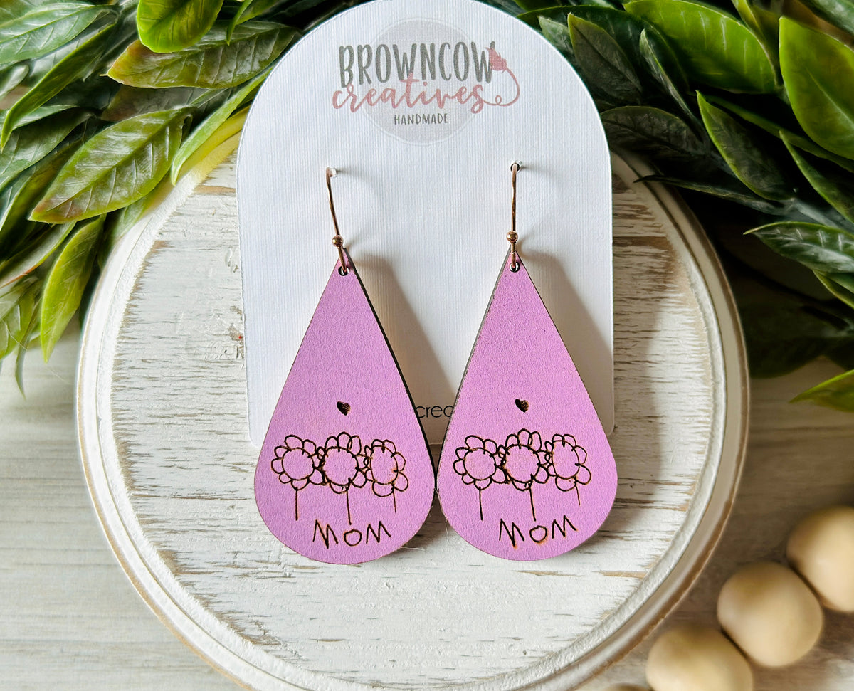 Unique Mother's Day Gift, Engraved Kids Drawing Earrings, Mothers Day Gift, Engraved Earrings, Wood Earrings, Dangle Earrings, Gifts for Her