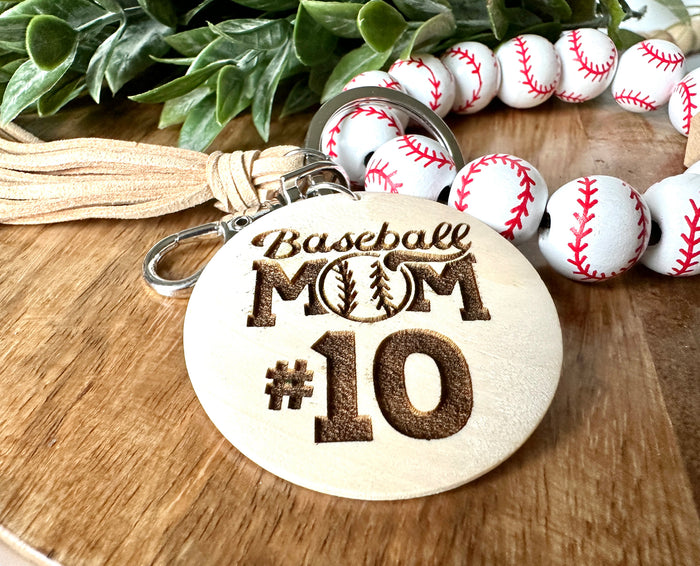 Baseball Wristlet Keychain, Baseball Wooden Wristlet Keychain, Baseball Mom Wristlet, Custom Number Baseball Mom Wristlet, Engraved Number