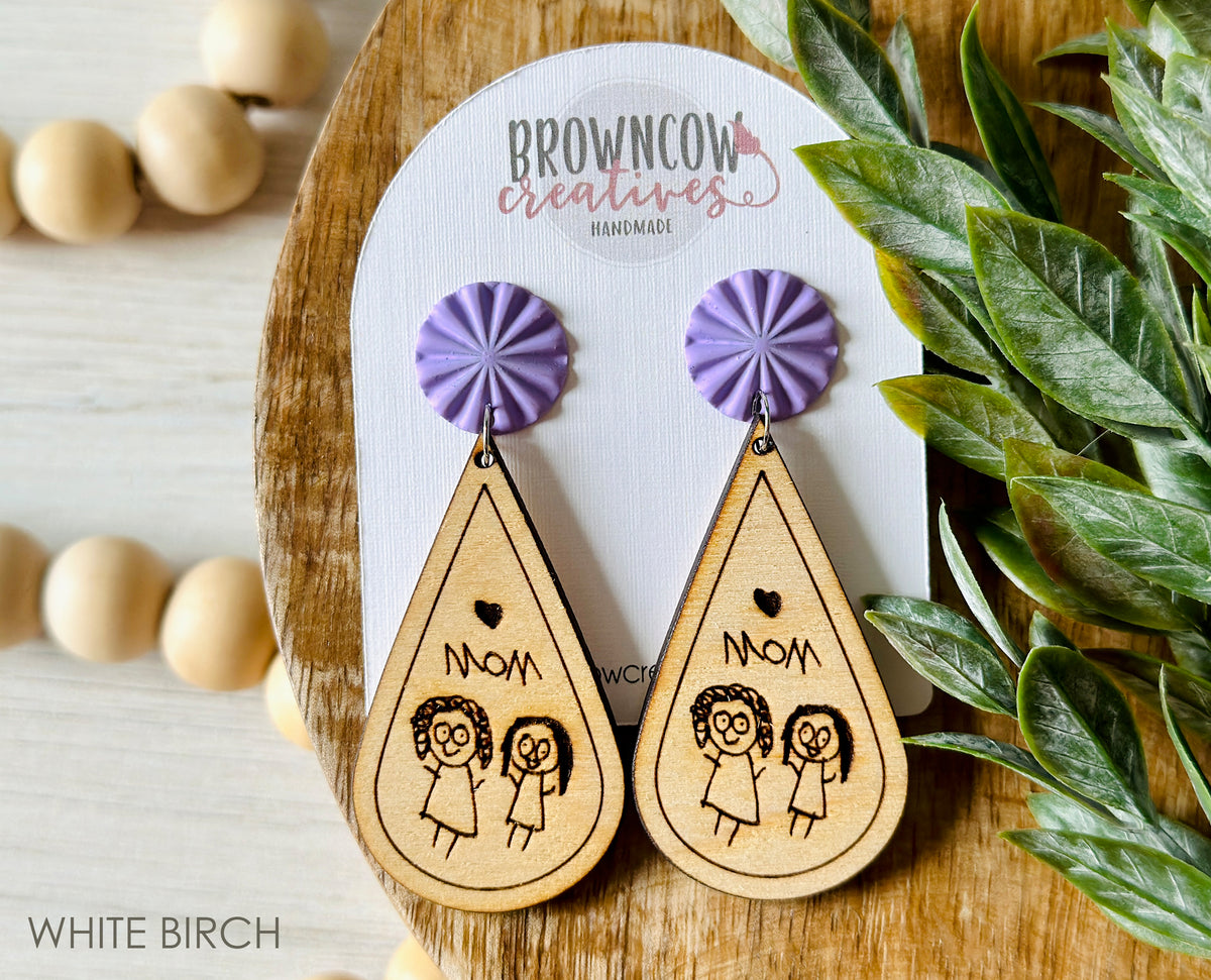Mother's Day Gift, Mother's Day Earrings, Kids Drawing Earrings, Custom Engraved Kids Drawing, Engraved Earrings, Custom Kids Drawing Gift