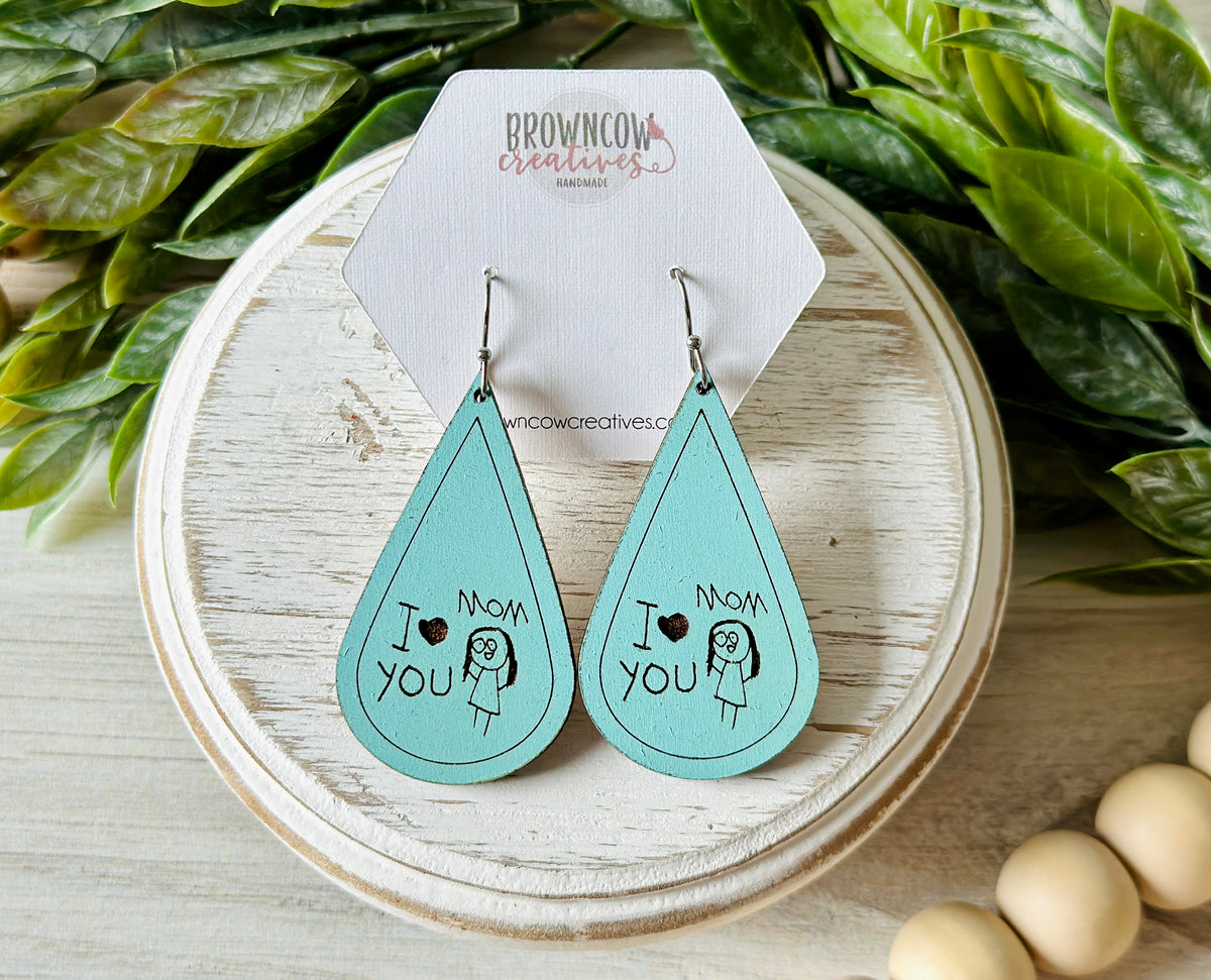 Unique Mother's Day Gift, Engraved Kids Drawing Earrings, Mothers Day Gift, Engraved Earrings, Wood Earrings, Dangle Earrings, Gifts for Her