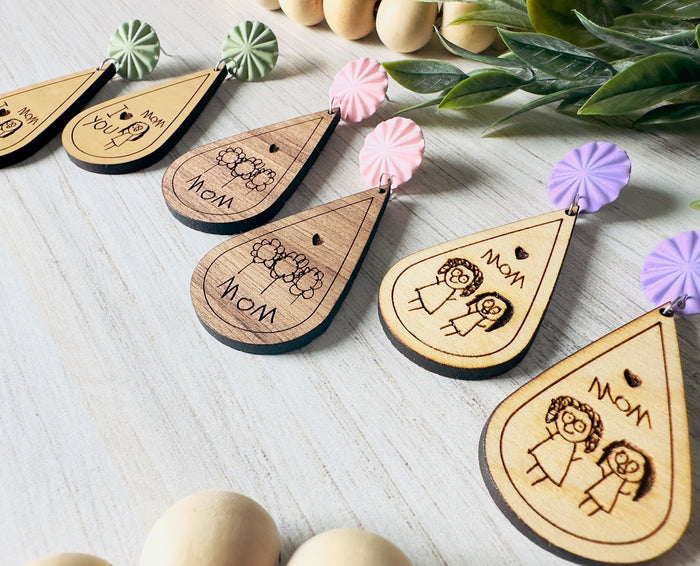 Mother's Day Gift, Mother's Day Earrings, Kids Drawing Earrings, Custom Engraved Kids Drawing, Engraved Earrings, Custom Kids Drawing Gift