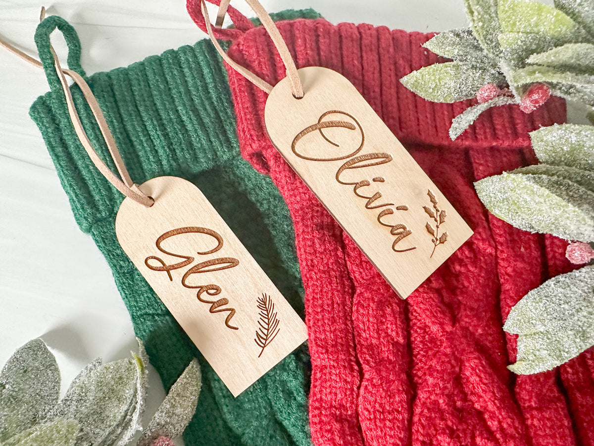 Personalized Wood Engraved Stocking Tag, Minimalist Stocking Tag, Engraved Stocking Tag