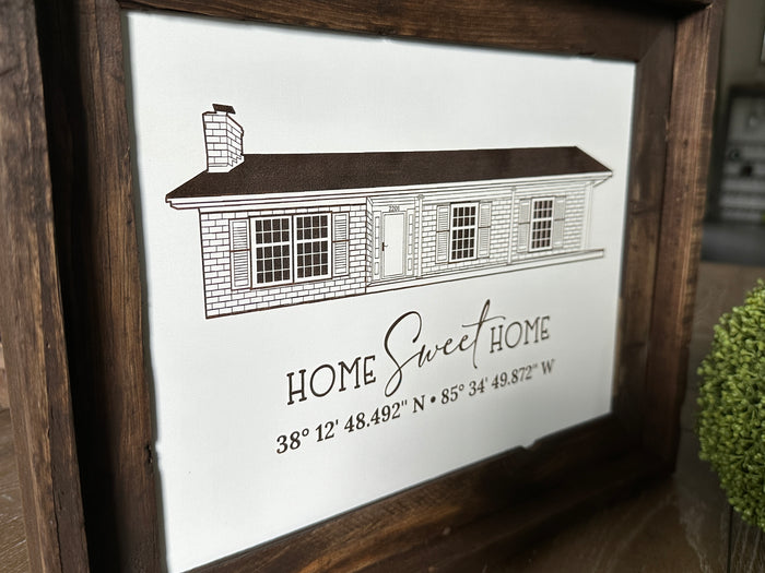 Custom Hand-Drawn, Engraved + Framed Home Portrait