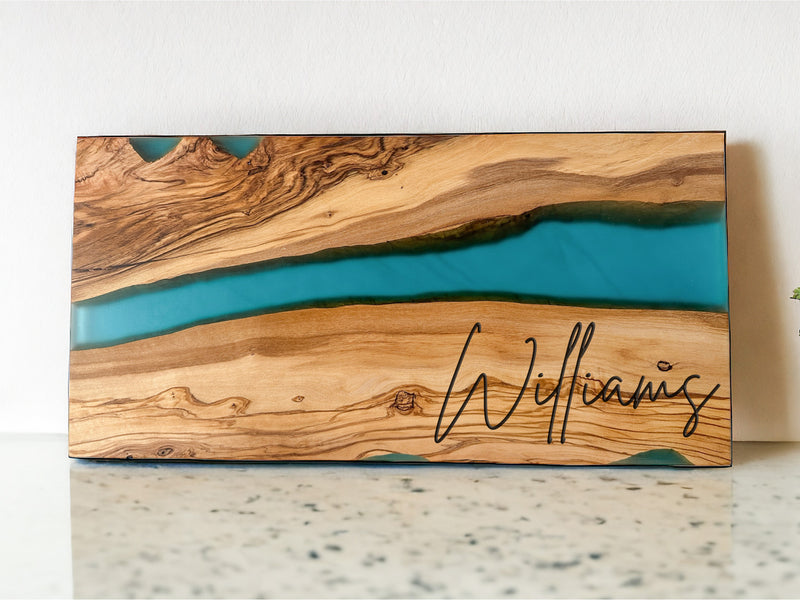 Blue Resin and Olive Wood Engraved, Personalized Cutting Board