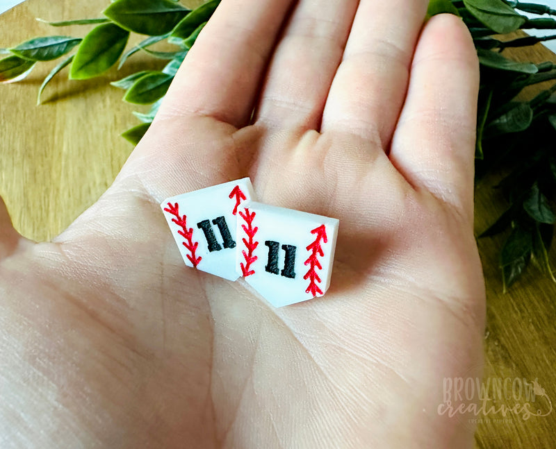 Baseball Stud Earrings, Custom Engraved Baseball Stud Earrings, Home Plate Stud Earrings