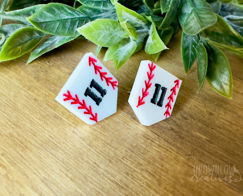 Baseball Stud Earrings, Custom Engraved Baseball Stud Earrings, Home Plate Stud Earrings