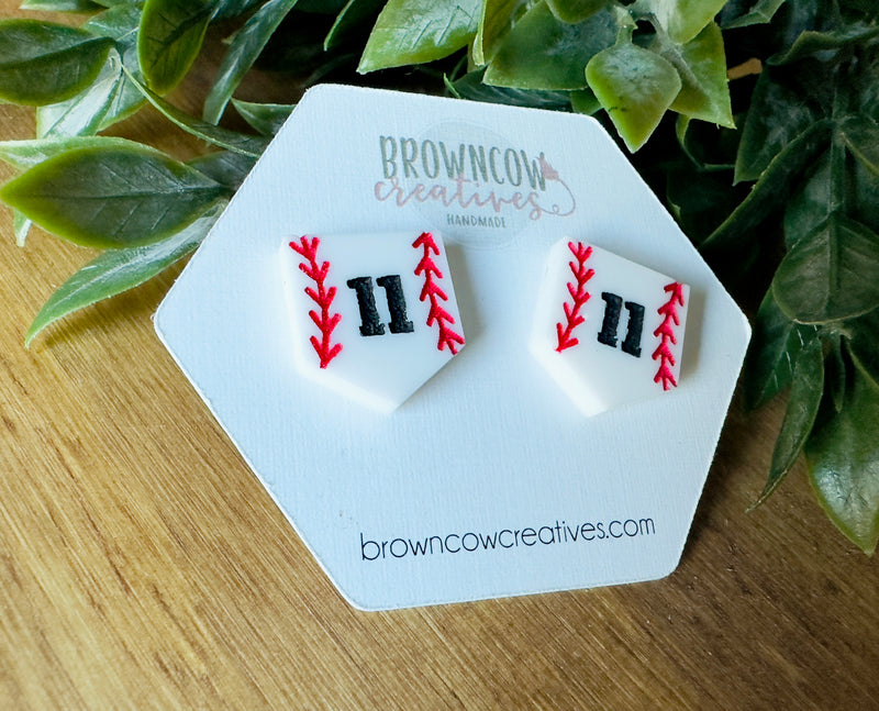 Baseball Stud Earrings, Custom Engraved Baseball Stud Earrings, Home Plate Stud Earrings