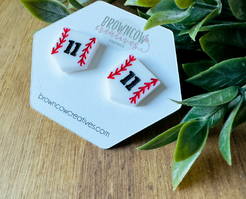 Baseball Stud Earrings, Custom Engraved Baseball Stud Earrings, Home Plate Stud Earrings