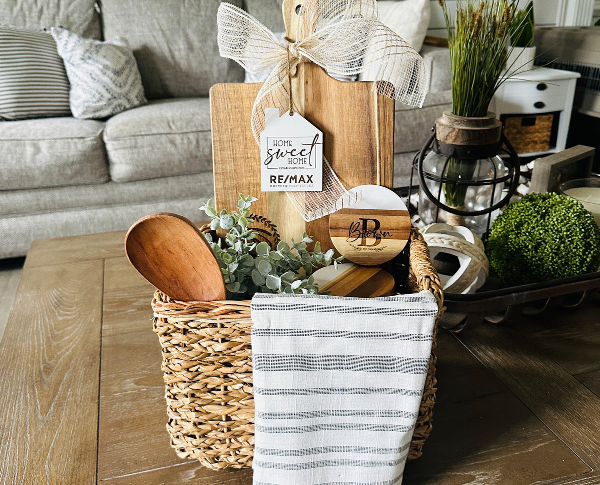 Custom Home Gift Baskets, Personalized Cutting Boards, Coasters, Closing Gifts for Realtors, Housewarming Gifts