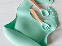 Custom Engraved Silicone Baby Bib + Fork and Spoon Set