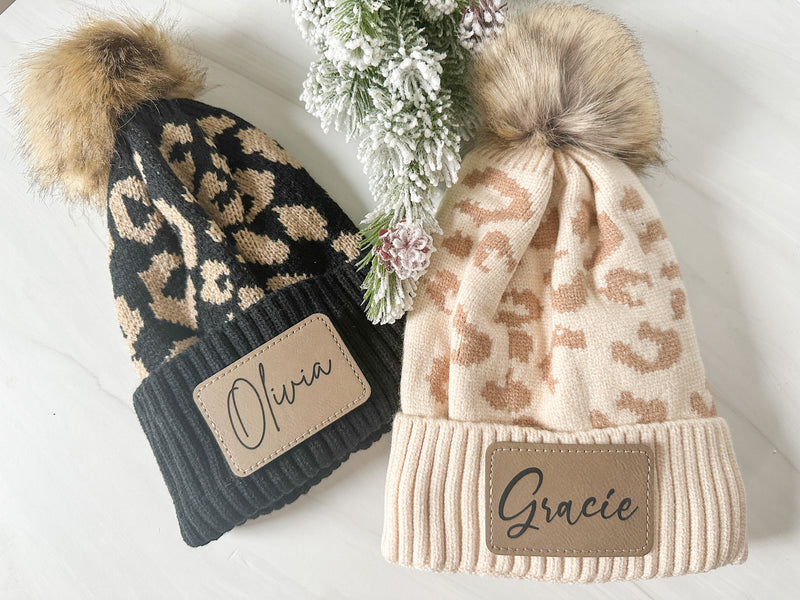 Personalized Women's Leopard Print Beanie, Winter Hat