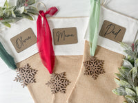 Personalized Burlap Christmas Stocking with Engraved Leather Patch