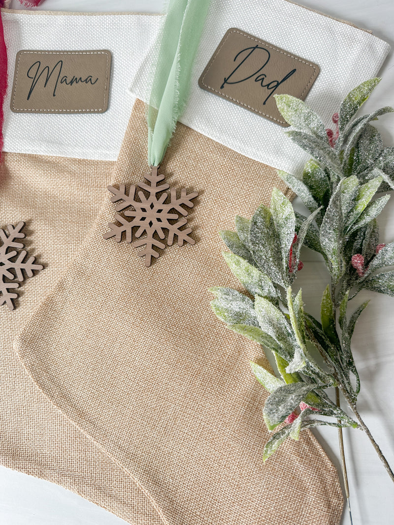Personalized Burlap Christmas Stocking with Engraved Leather Patch