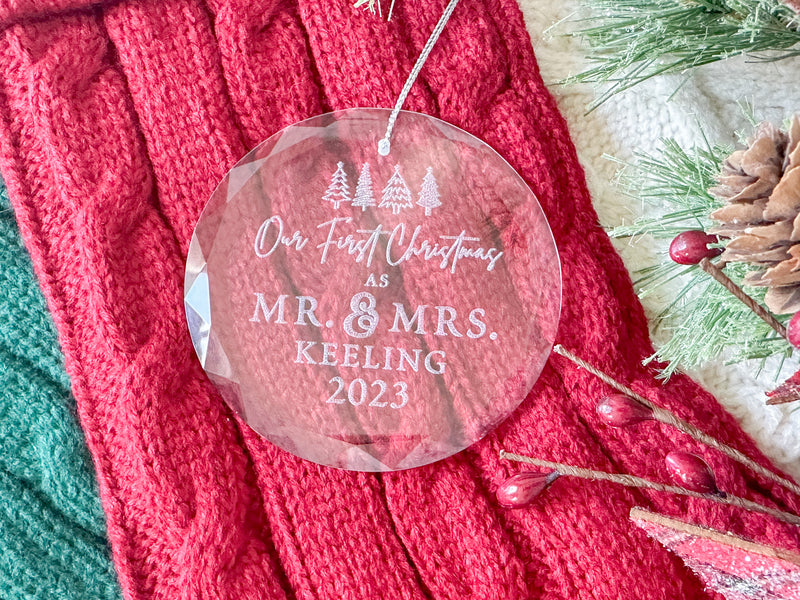Newlywed Engraved Glass Christmas Ornament