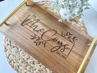 Personalized Engraved Solid Acacia Wood Serving Tray with Brass Handles