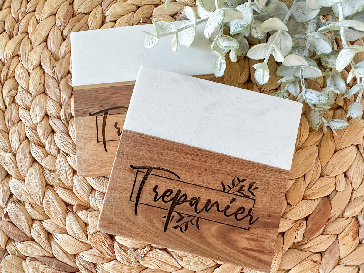 Marble + Acacia Personalized Coasters
