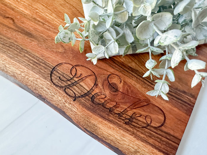 Personalized Engraved Live Edge Acacia Wood Charcuterie Board