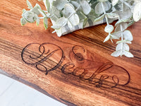 Personalized Engraved Live Edge Acacia Wood Charcuterie Board