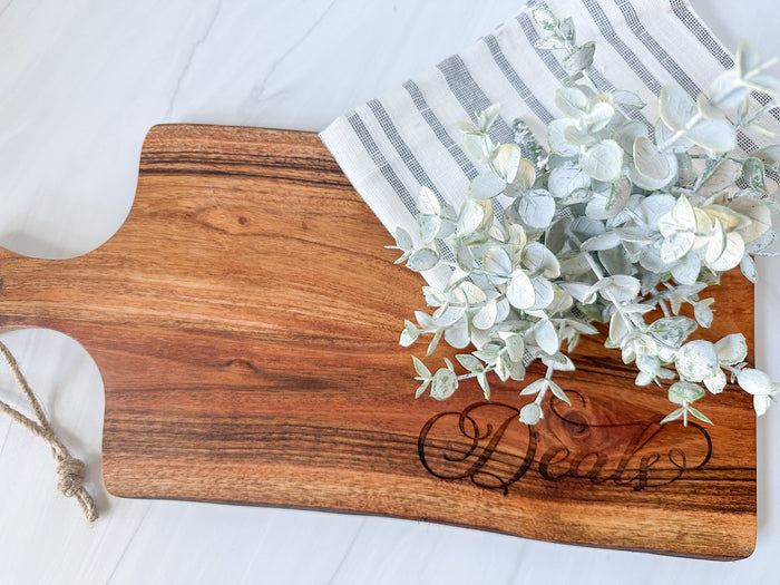 Personalized Engraved Live Edge Acacia Wood Charcuterie Board