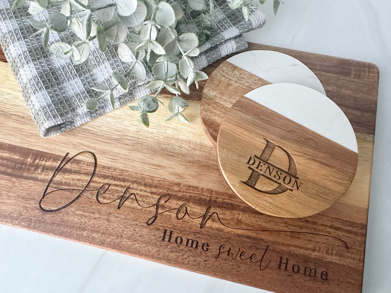 Personalized Long Paddle Serving Board + Round Coaster Gift Set