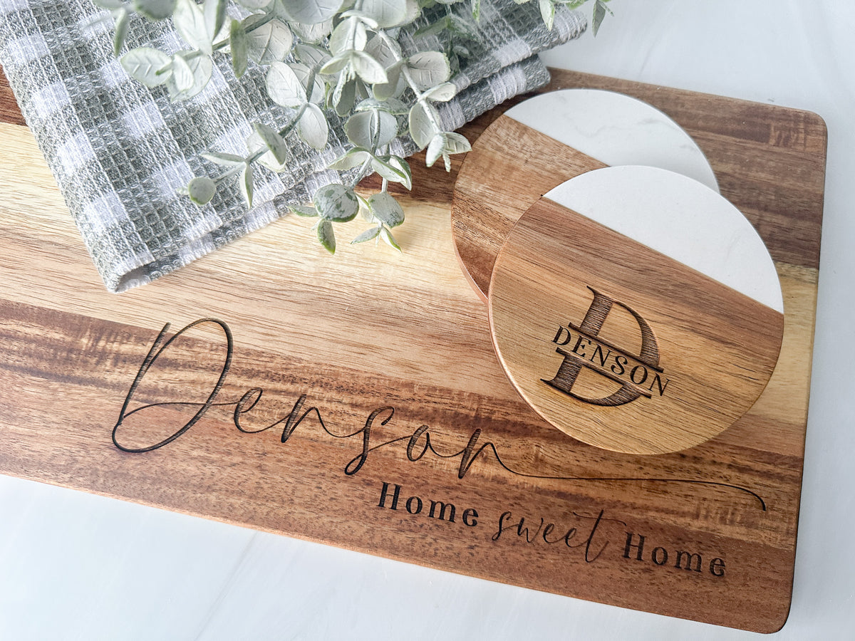 Personalized Long Paddle Serving Board + Round Coaster Gift Set