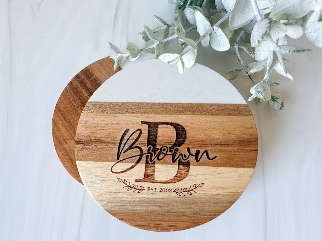 Personalized Acacia + Marble Round Coaster Set