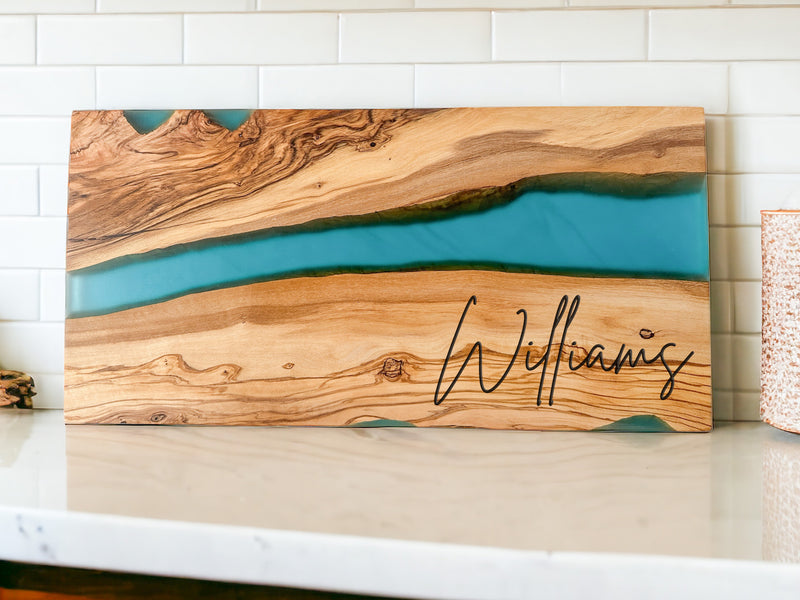 Blue Resin and Olive Wood Engraved, Personalized Cutting Board