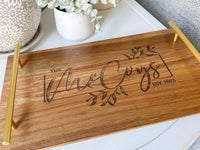 Personalized Engraved Solid Acacia Wood Serving Tray with Brass Handles