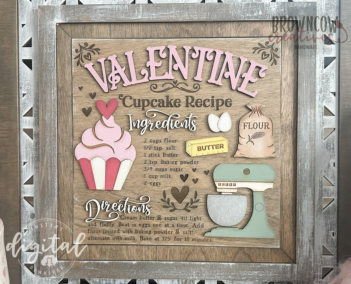 Valentine Cupcake Recipe Farmhouse Interchangeable Insert Laser File, Valentine's Day DIY Decor Laser File