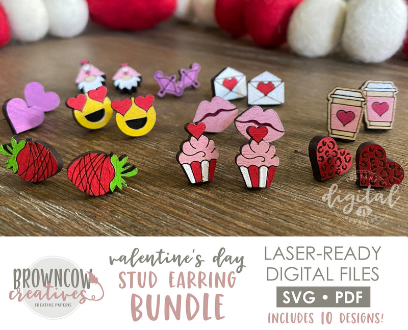 Valentine Stud Earrings Lasercut Bundle, Laser-Ready Valentine's Day Earring Files