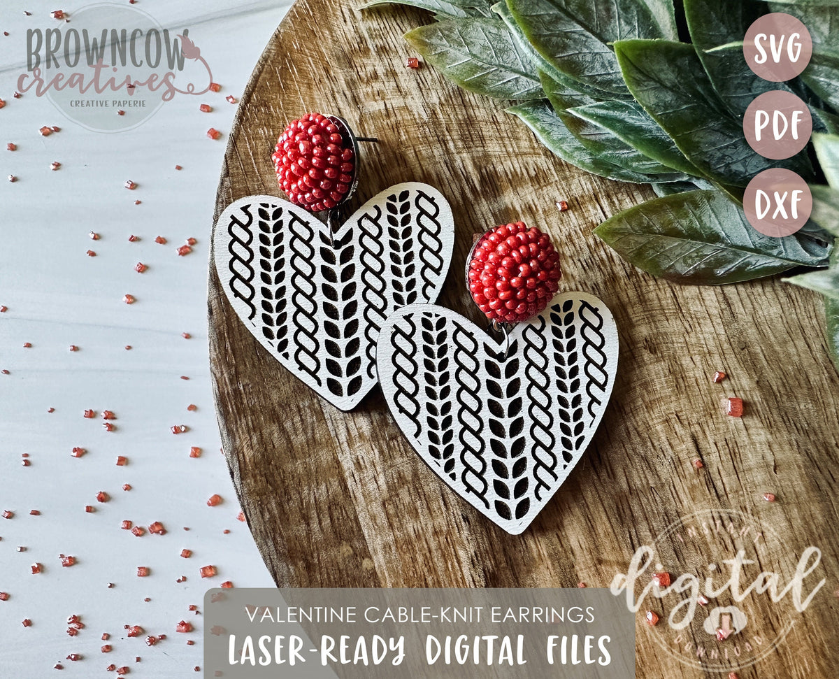 DIGITAL DOWNLOAD Cable-Knit Pattern Engraved Heart Earring Lasercut File