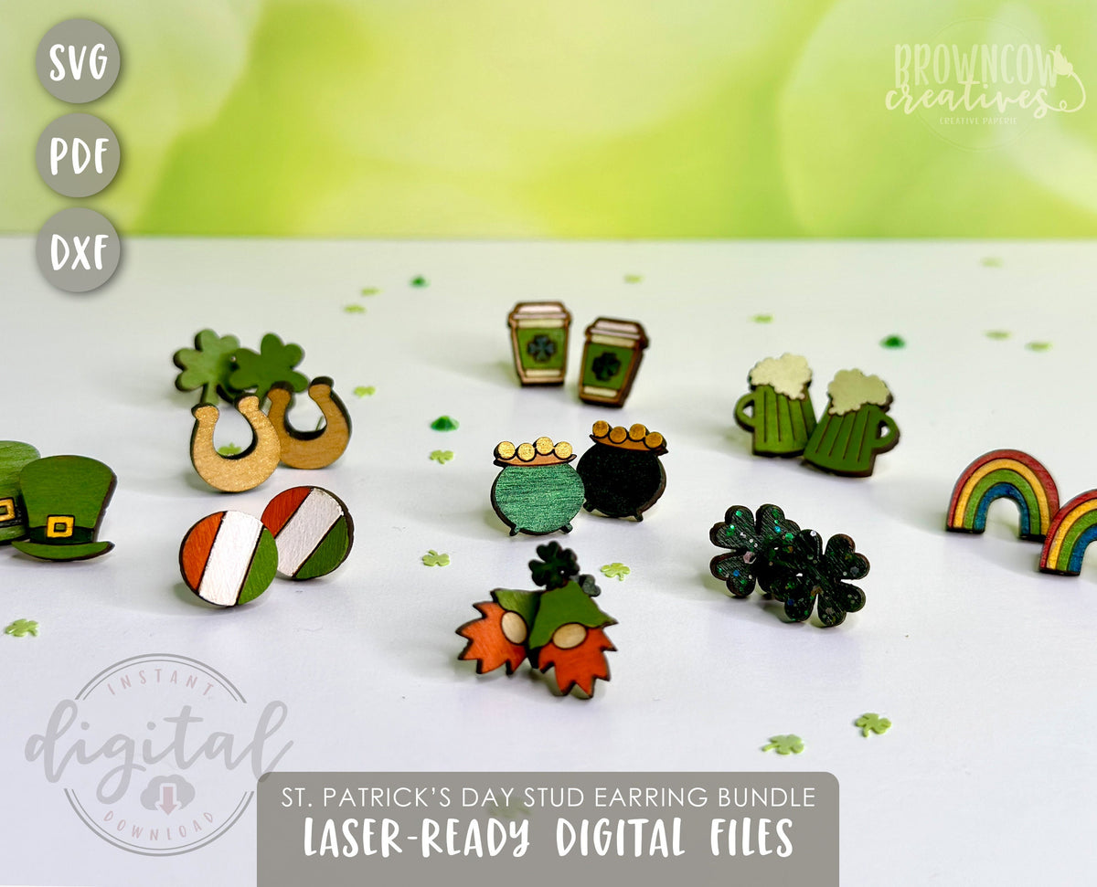 St. Patrick's Day Stud Earrings Lasercut Bundle, Laser-Ready St. Patty's Day Earring Files