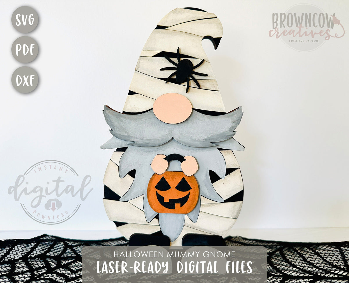 Halloween Mummy Standing Gnome Laser Cut File, Laser-Ready Halloween Mummy Gnome, Standing Gnome Cut File, Standing Halloween Gnome Cut File