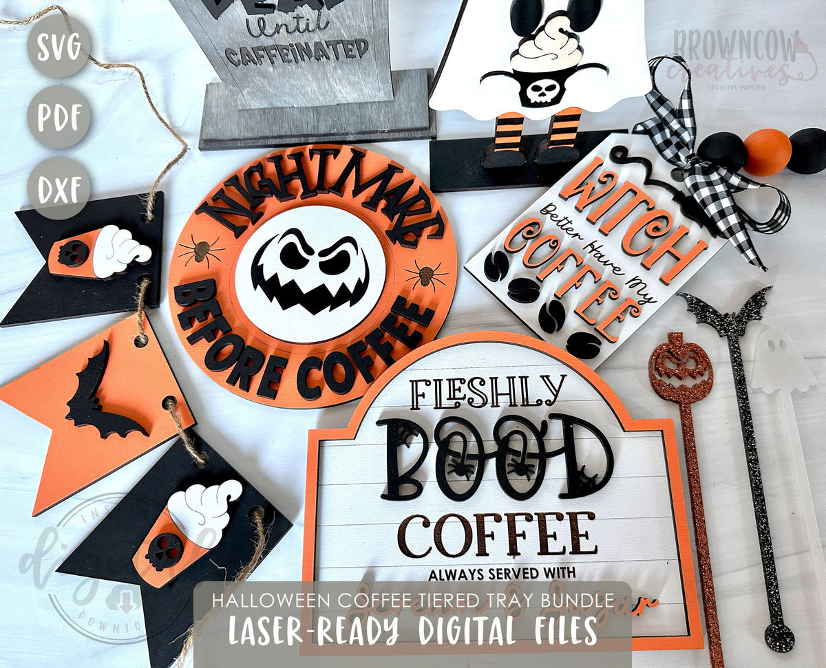 Halloween Coffee Tiered Tray Decor Laser Cut Files, Coffee Halloween Tiered Tray SVG Bundle,