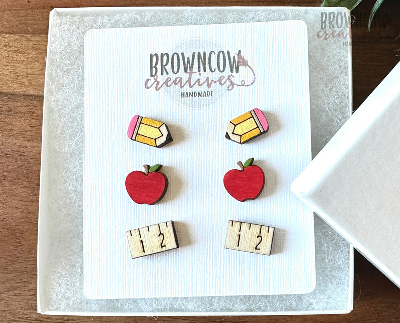 Teacher Stud Earring Set Laser Cut Files, Teacher Appreciation Earrings SVG Files, School Earrings Laser Files, Apple, Pencil, Ruler Earring