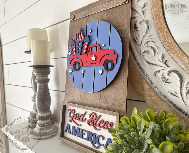 Patriotic Truck Insert for Interchangeable Mini Leaner, July 4th Laser Cut Files, Patriotic Farmhouse Home Decor Laser Files