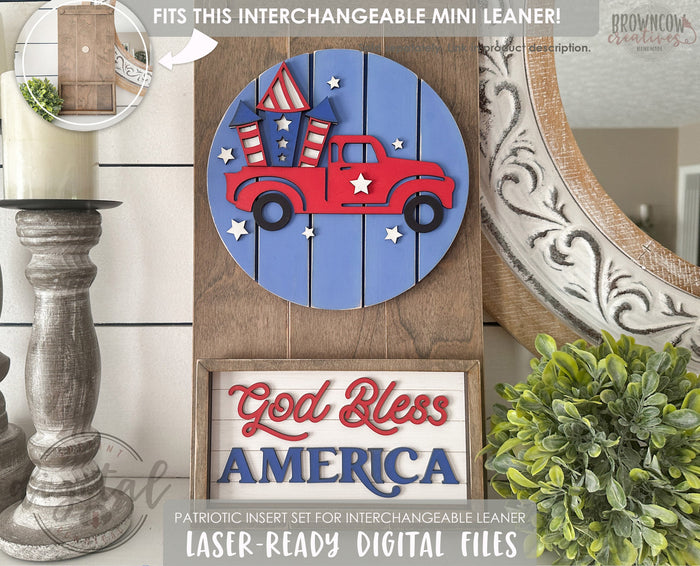 Patriotic Truck Insert for Interchangeable Mini Leaner, July 4th Laser Cut Files, Patriotic Farmhouse Home Decor Laser Files