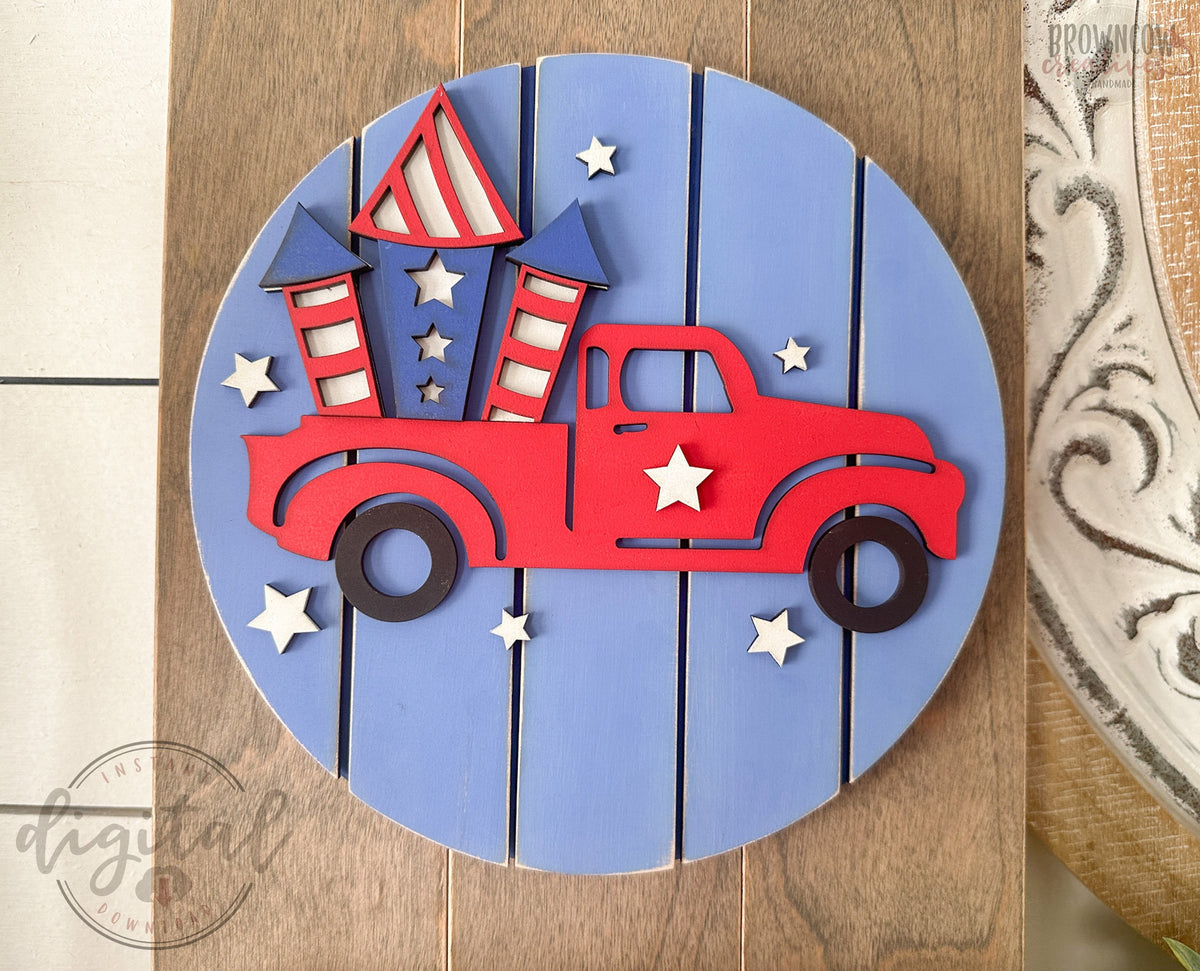 Patriotic Truck Insert for Interchangeable Mini Leaner, July 4th Laser Cut Files, Patriotic Farmhouse Home Decor Laser Files