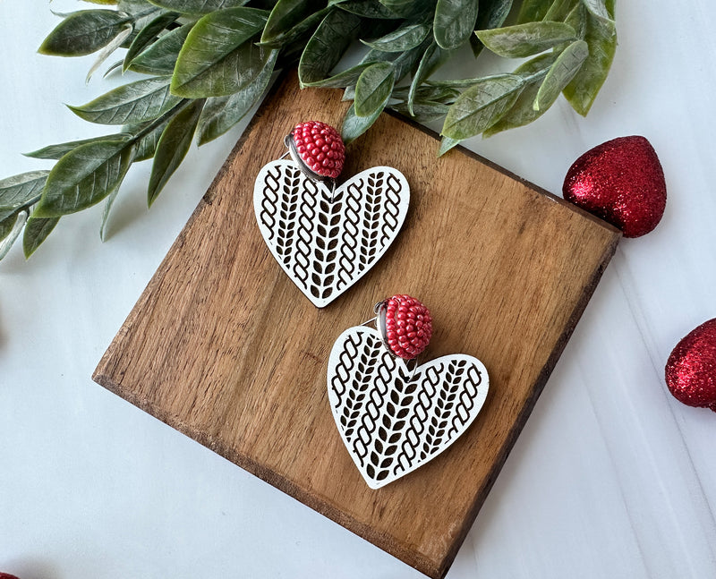 Valentine's Day Cable-Knit Pattern Engraved Heart Drop Earrings
