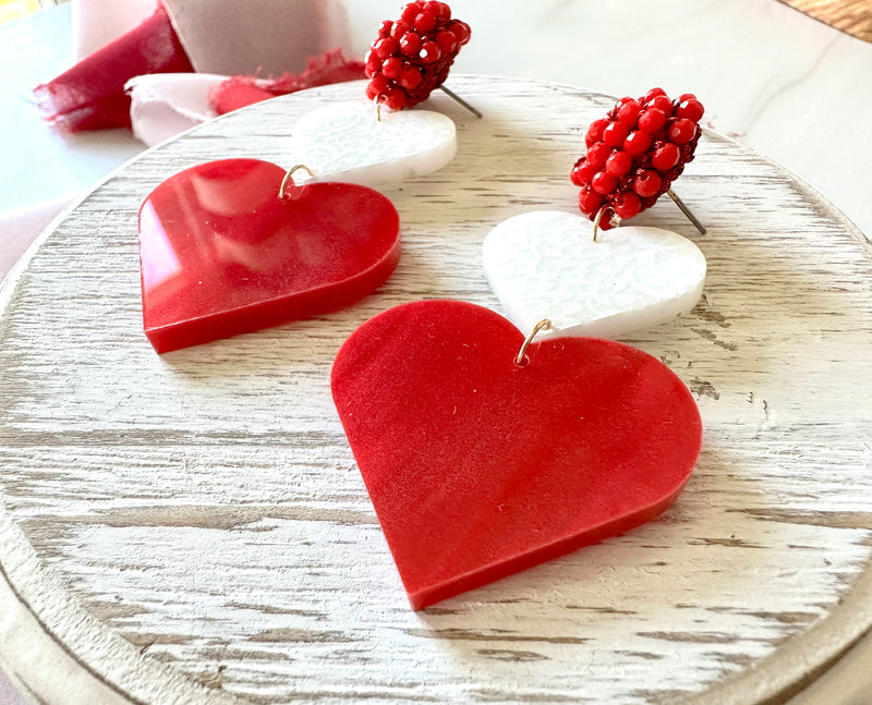 Red and White Heart Drop Valentine's Day Earrings