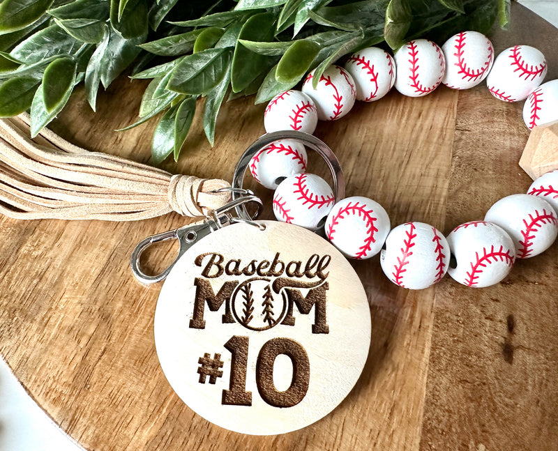 Baseball Wristlet Keychain, Baseball Wooden Wristlet Keychain, Baseball Mom Wristlet, Custom Number Baseball Mom Wristlet, Engraved Number
