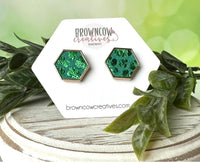 Shimmer Leopard Emerald Green Hexagon Leather Stud Earrings, St. Patrick's Day Stud Earrings